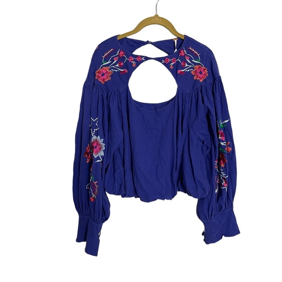 Free People Tops - Free People Blue Purple floral Embroidered Blouse Boho Small